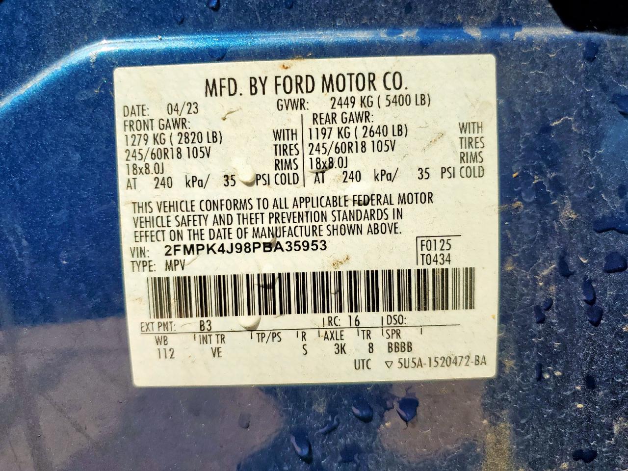 2023 Ford Edge Sel VIN: 2FMPK4J98PBA35953 Lot: 71957975