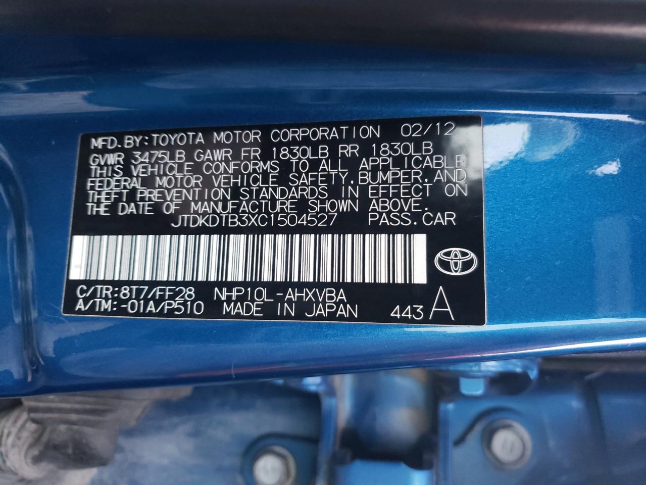 2012 Toyota Prius C VIN: JTDKDTB3XC1504527 Lot: 71827825