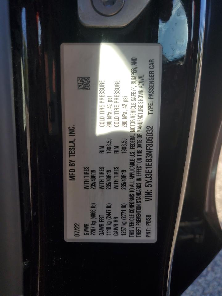 2022 Tesla Model 3 VIN: 5YJ3E1EB3NF305032 Lot: 80851955