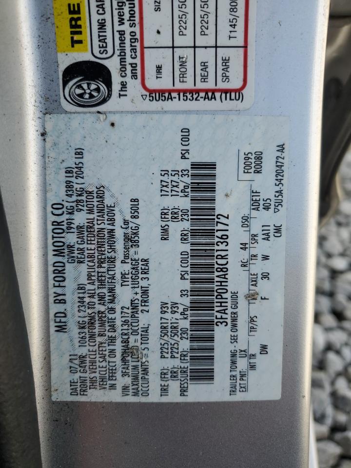 2012 Ford Fusion Se VIN: 3FAHP0HA8CR136172 Lot: 81899705