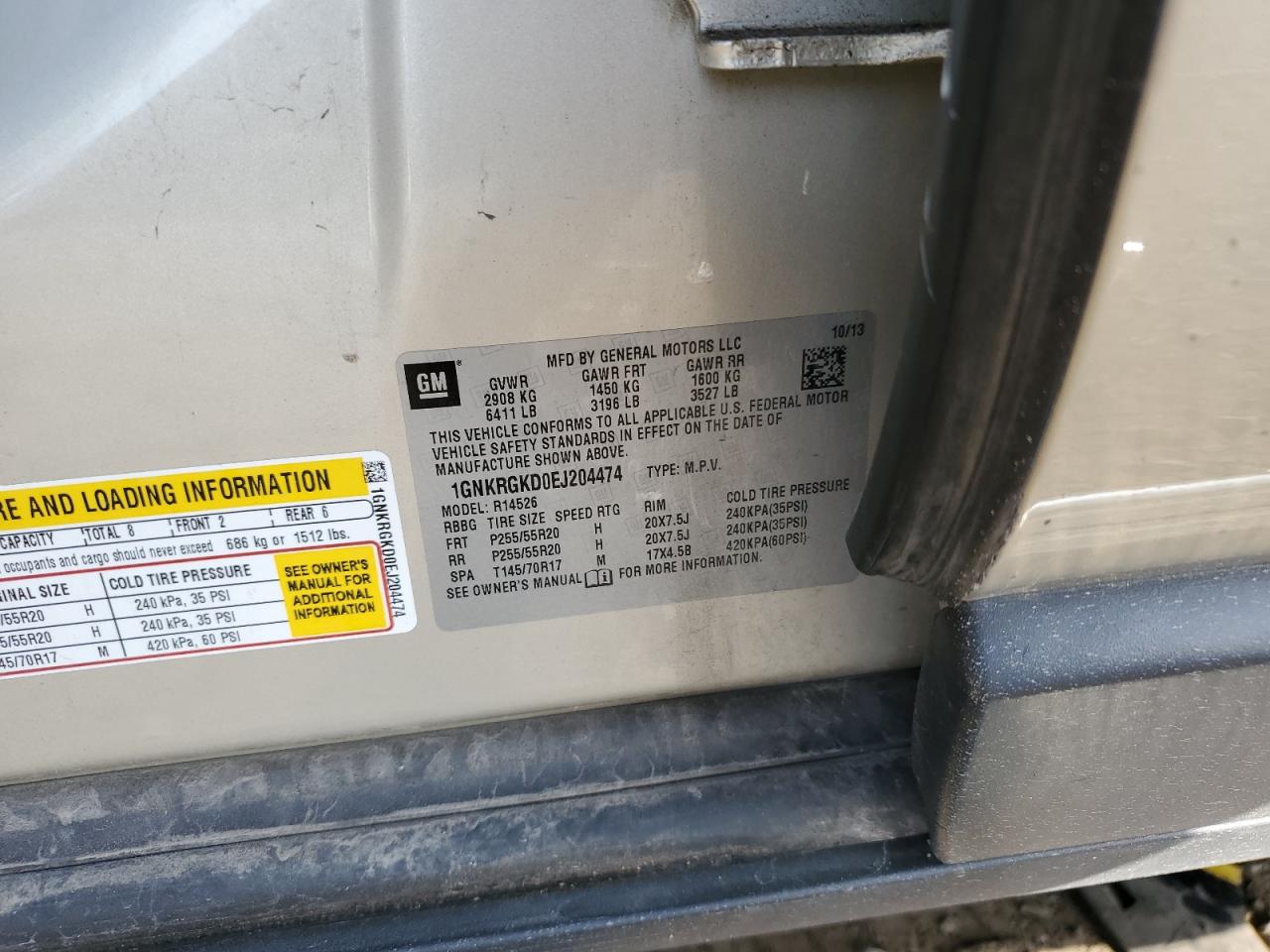 2014 Chevrolet Traverse Lt VIN: 1GNKRGKD0EJ204474 Lot: 81470695