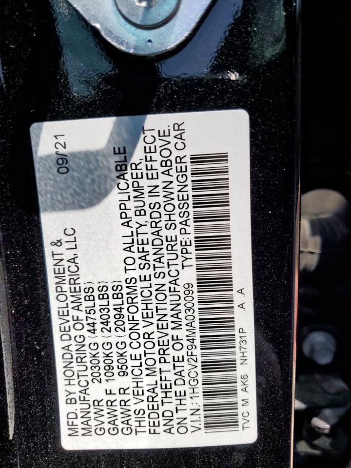 2021 Honda Accord Touring VIN: 1HGCV2F94MA030099 Lot: 80326655