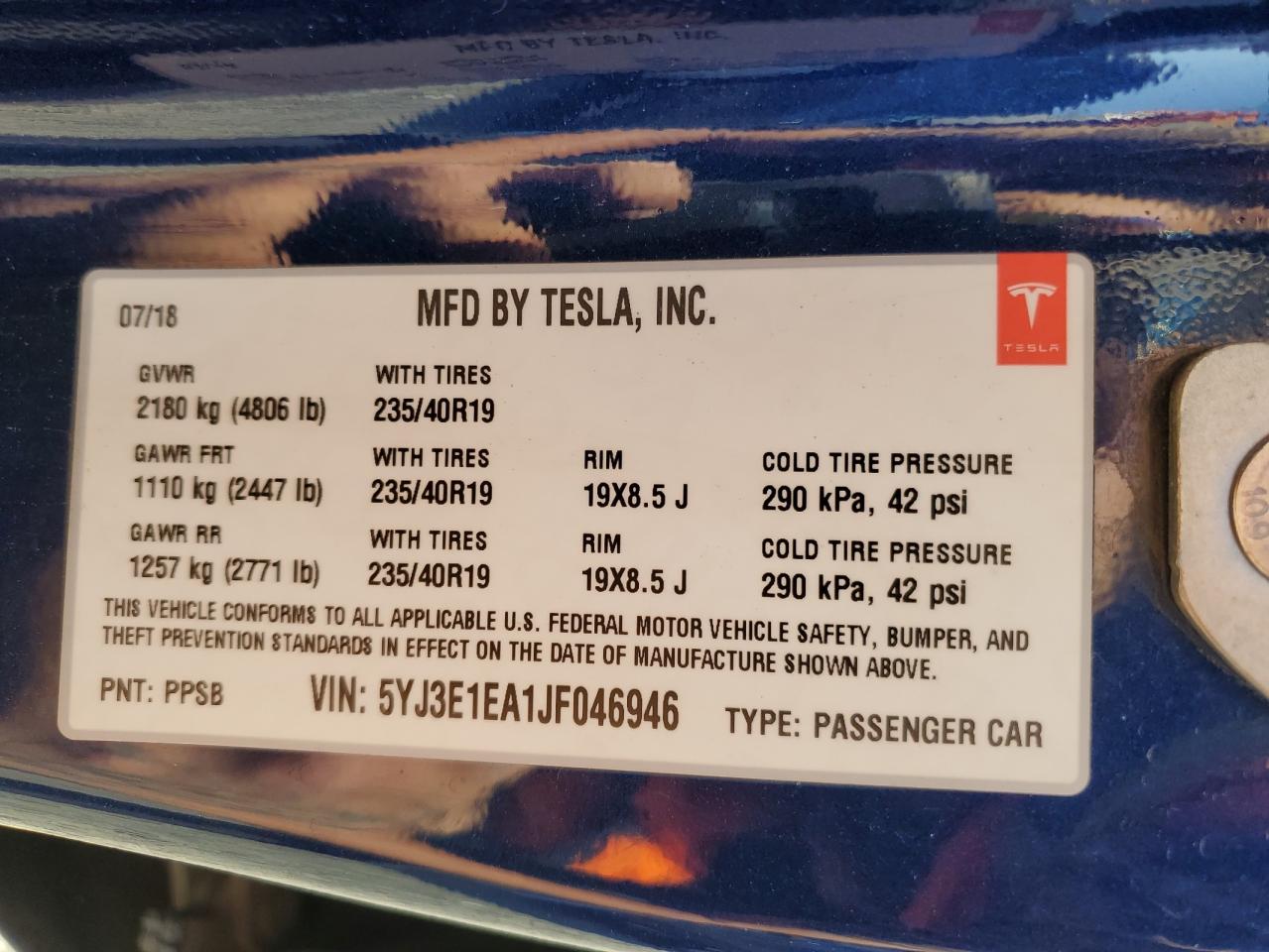 2018 Tesla Model 3 VIN: 5YJ3E1EA1JF046946 Lot: 82126365