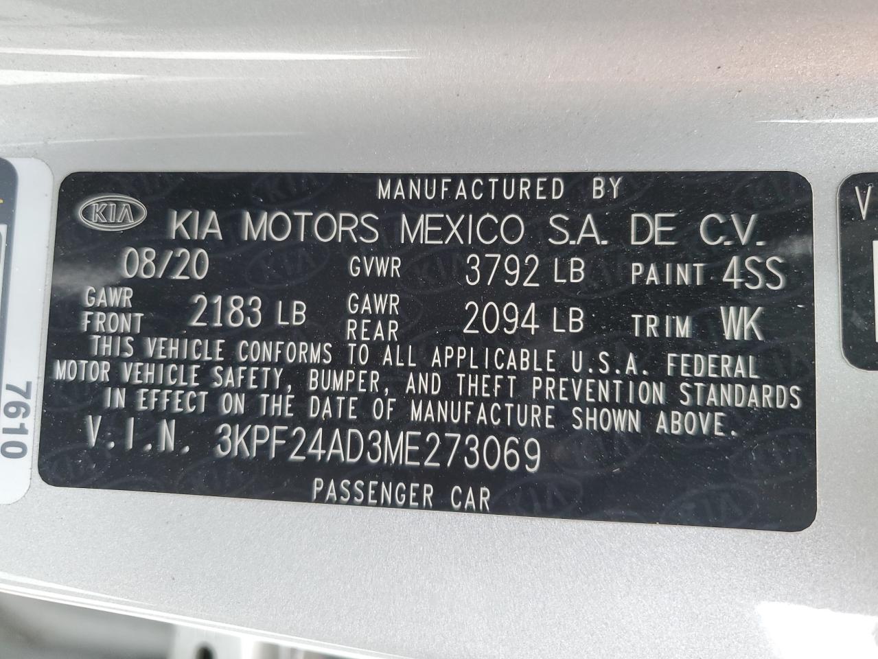 2021 Kia Forte Fe VIN: 3KPF24AD3ME273069 Lot: 81078075