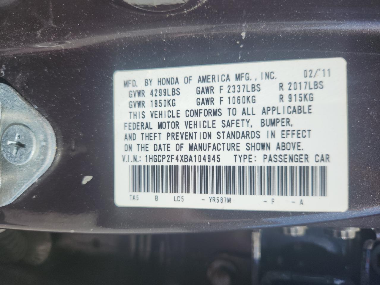 2011 Honda Accord Lxp VIN: 1HGCP2F4XBA104945 Lot: 71443135