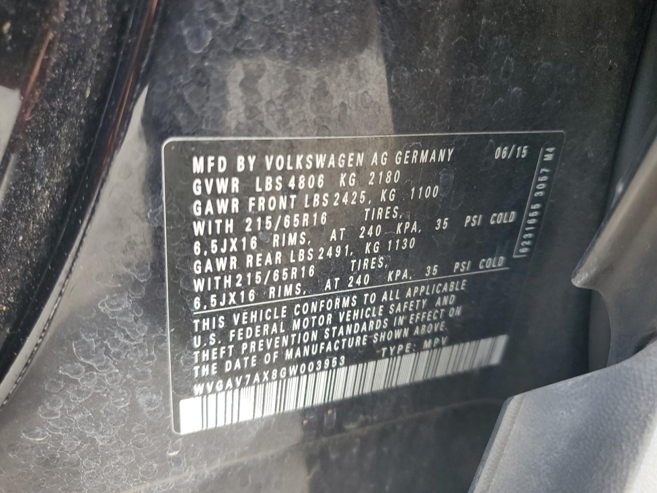 2016 Volkswagen Tiguan S VIN: WVGAV7AX8GW003953 Lot: 84182915
