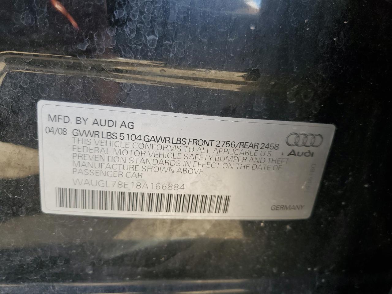 2008 Audi S4 Quattro VIN: WAUGL78E18A166884 Lot: 84425545