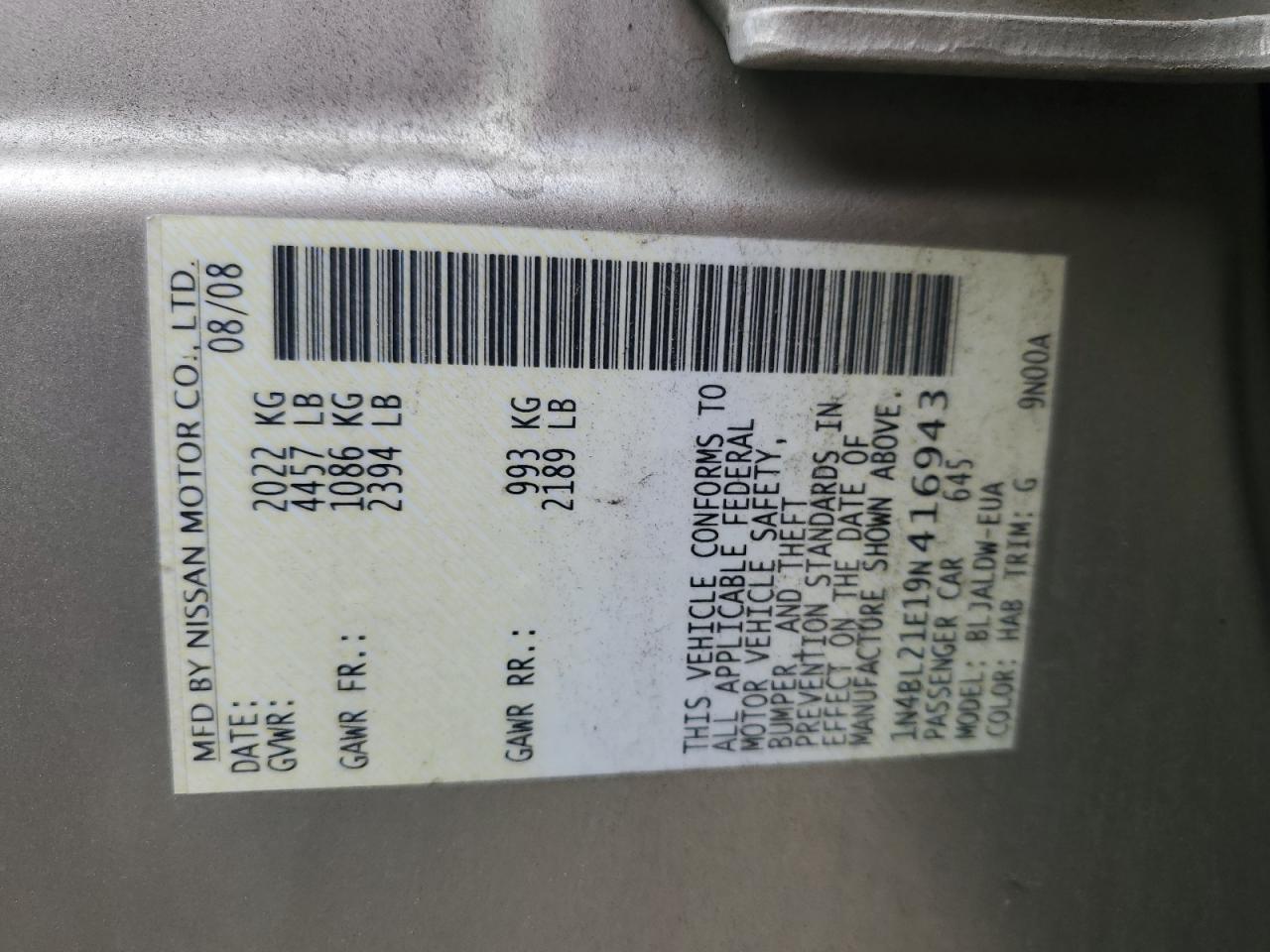 2009 Nissan Altima 3.5Se VIN: 1N4BL21E19N416943 Lot: 82121725