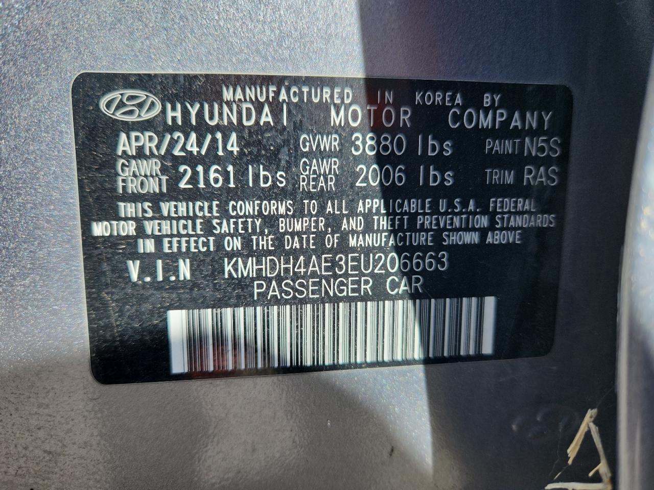 2014 Hyundai Elantra Se VIN: KMHDH4AE3EU206663 Lot: 80741135