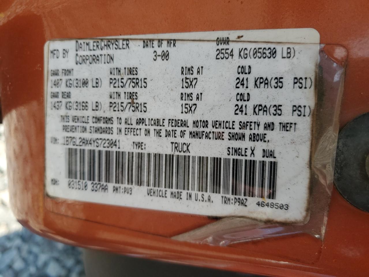 2000 Dodge Dakota Quad VIN: 1B7GL2AX4YS723041 Lot: 72059415