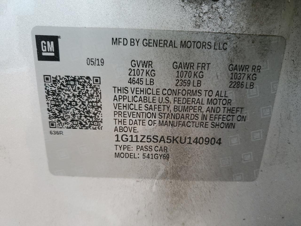 2019 Chevrolet Impala Lt VIN: 1G11Z5SA5KU140904 Lot: 80830055