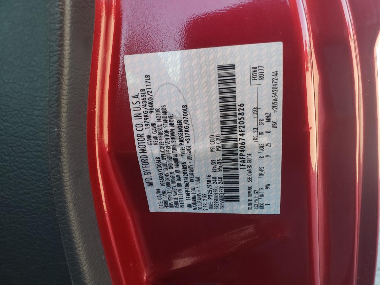 2004 Ford Mustang VIN: 1FAFP40674F205826 Lot: 81870525