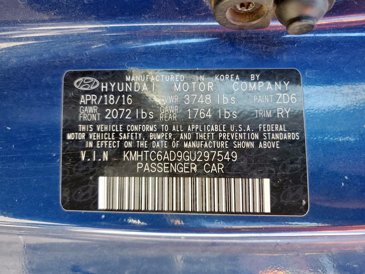 2016 Hyundai Veloster VIN: KMHTC6AD9GU297549 Lot: 80125275