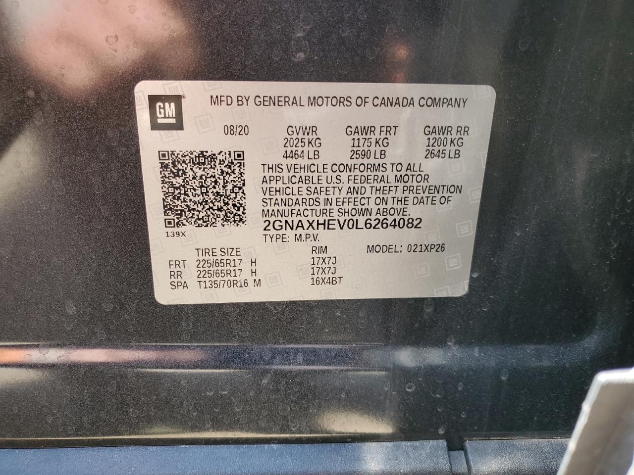 2020 Chevrolet Equinox Ls VIN: 2GNAXHEV0L6264082 Lot: 70364325