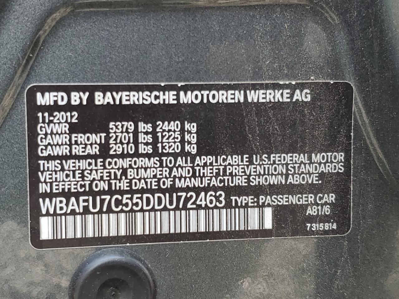 2013 BMW 535 Xi VIN: WBAFU7C55DDU72463 Lot: 71404435