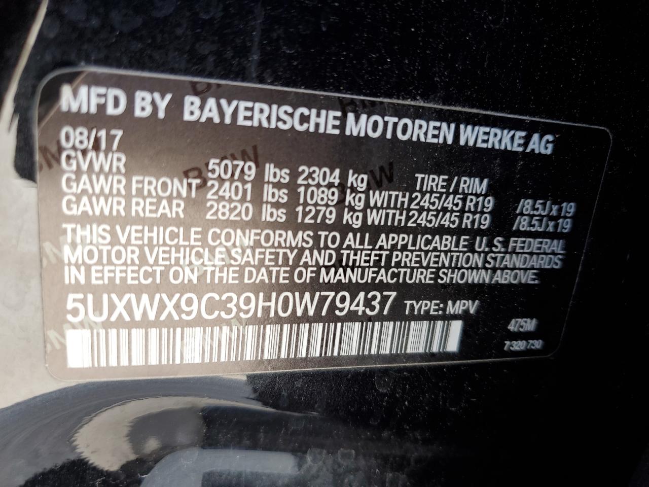 2017 BMW X3 xDrive28I VIN: 5UXWX9C39H0W79437 Lot: 81016045