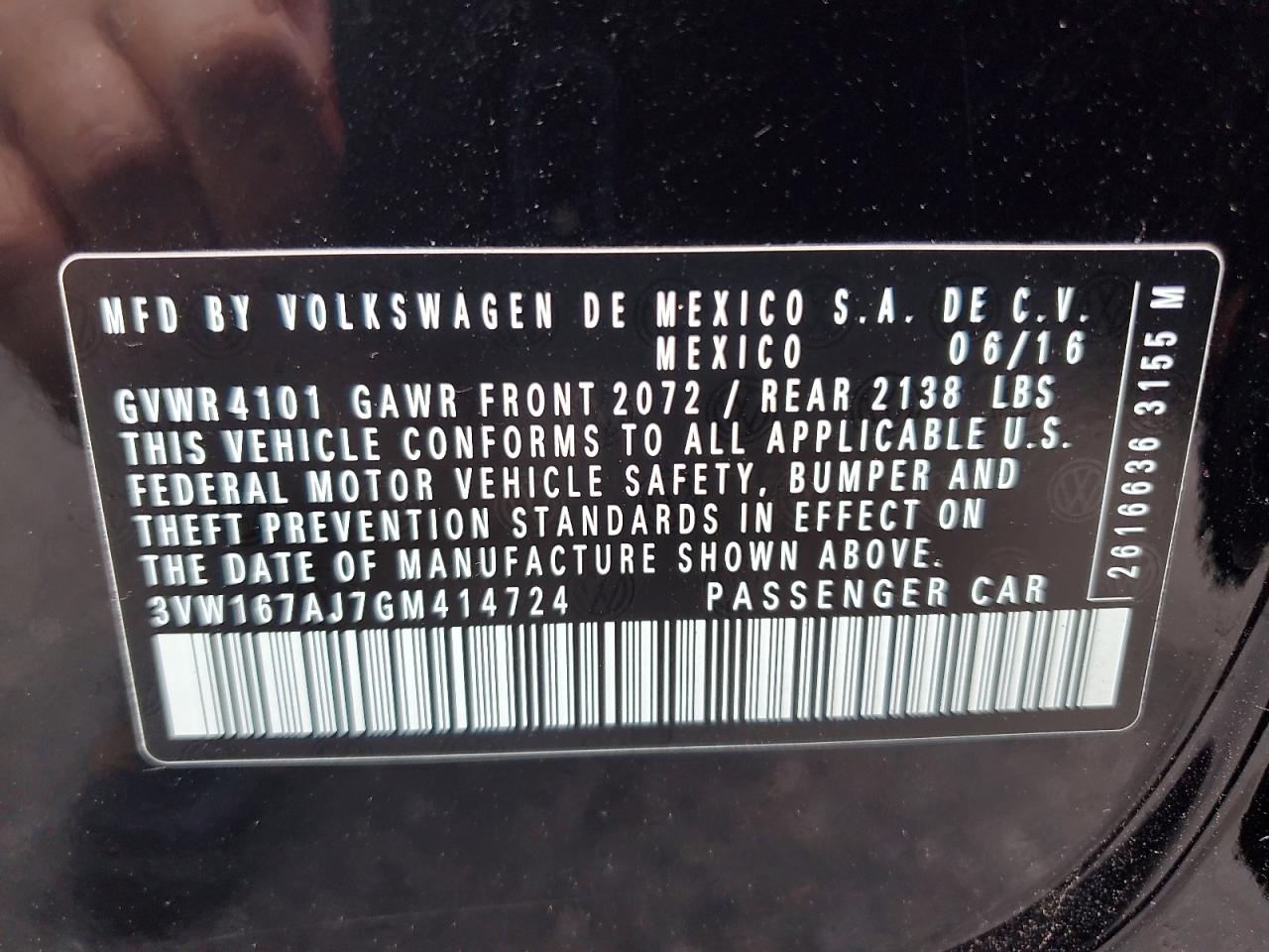 2016 Volkswagen Jetta S VIN: 3VW167AJ7GM414724 Lot: 80431595