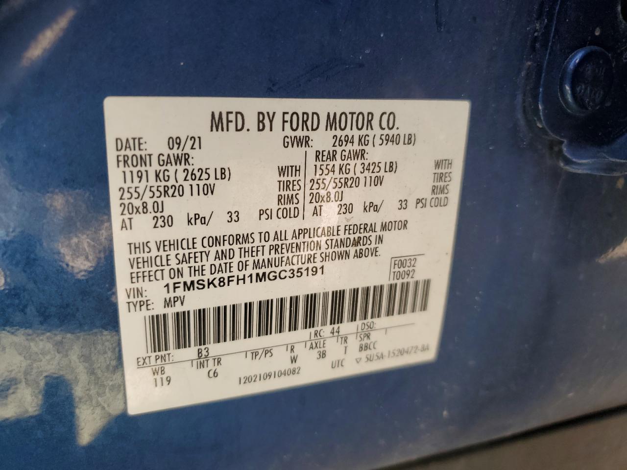 2021 Ford Explorer Limited VIN: 1FMSK8FH1MGC35191 Lot: 80789965