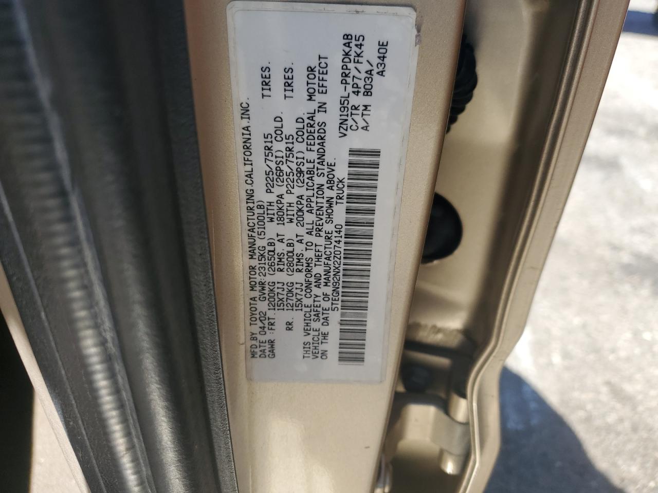 2002 Toyota Tacoma Double Cab Prerunner VIN: 5TEGN92NX2Z074140 Lot: 71927135