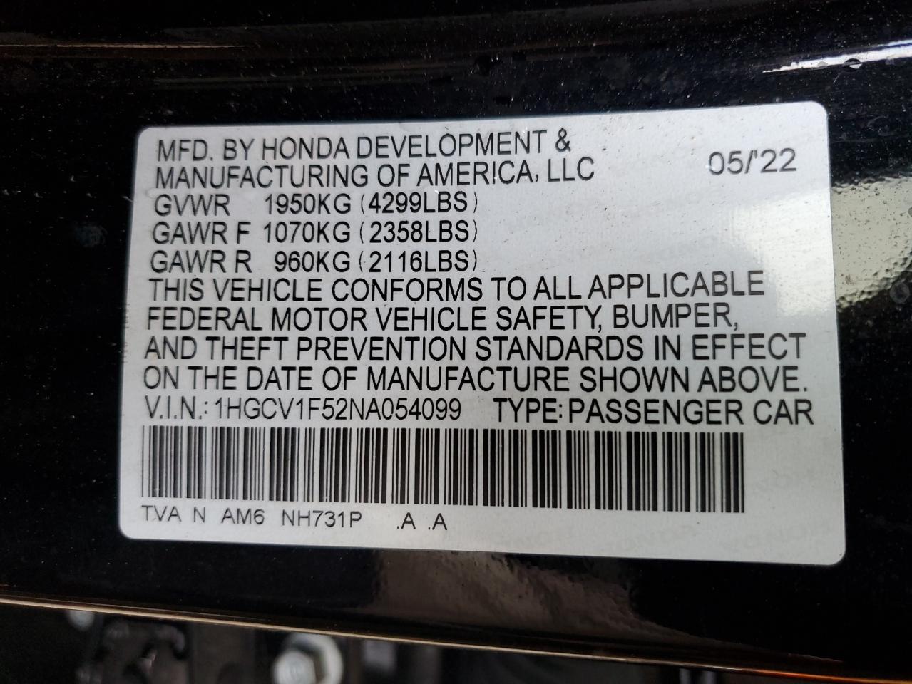 2022 Honda Accord Exl VIN: 1HGCV1F52NA054099 Lot: 70769115
