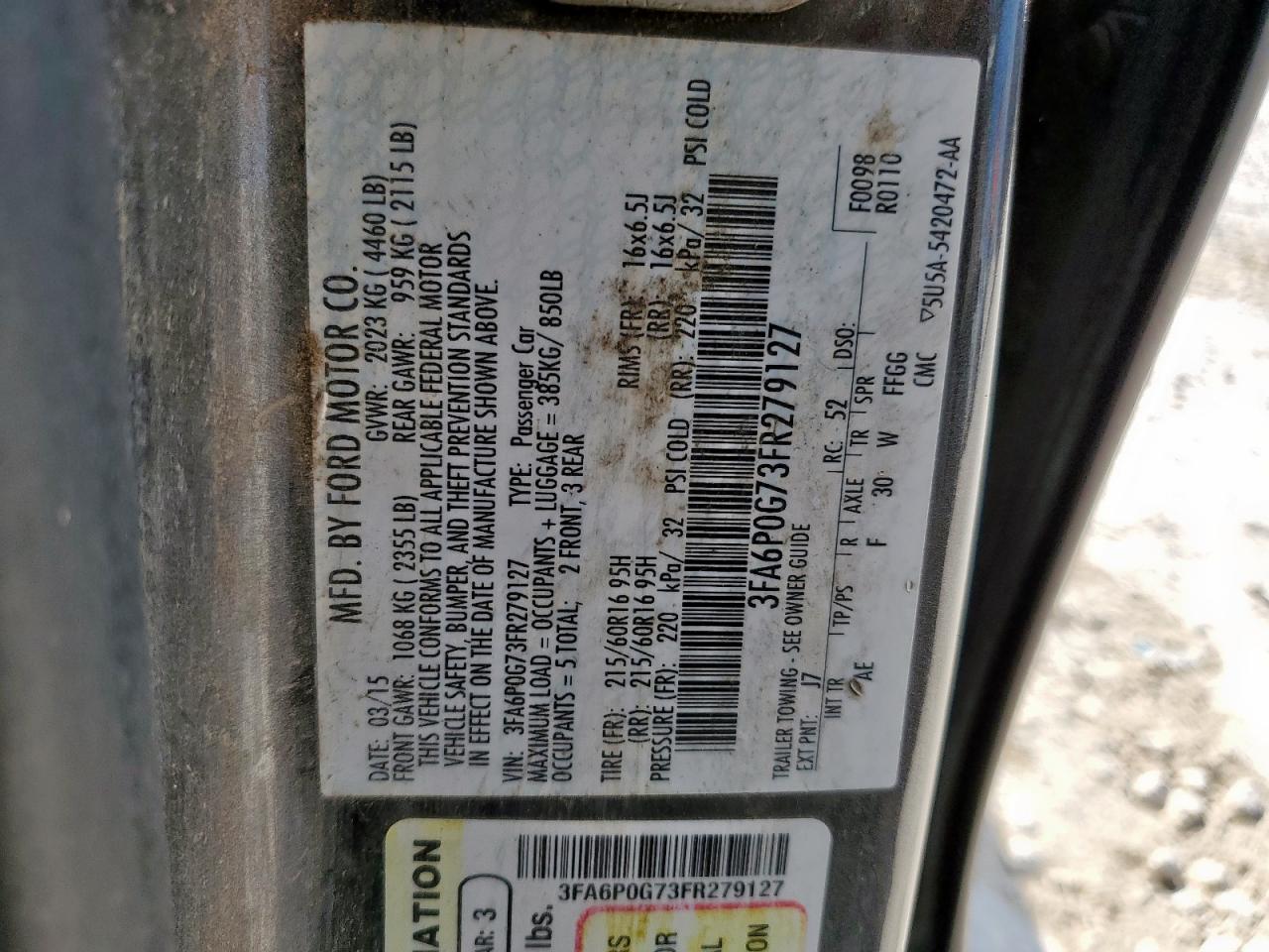 2015 Ford Fusion S VIN: 3FA6P0G73FR279127 Lot: 82049635