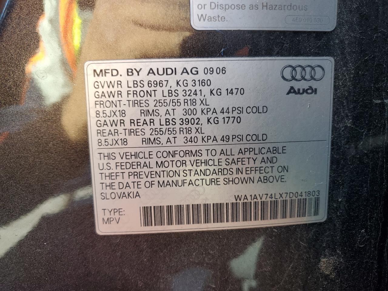 2007 Audi Q7 4.2 Quattro VIN: WA1AV74LX7D041803 Lot: 80581485