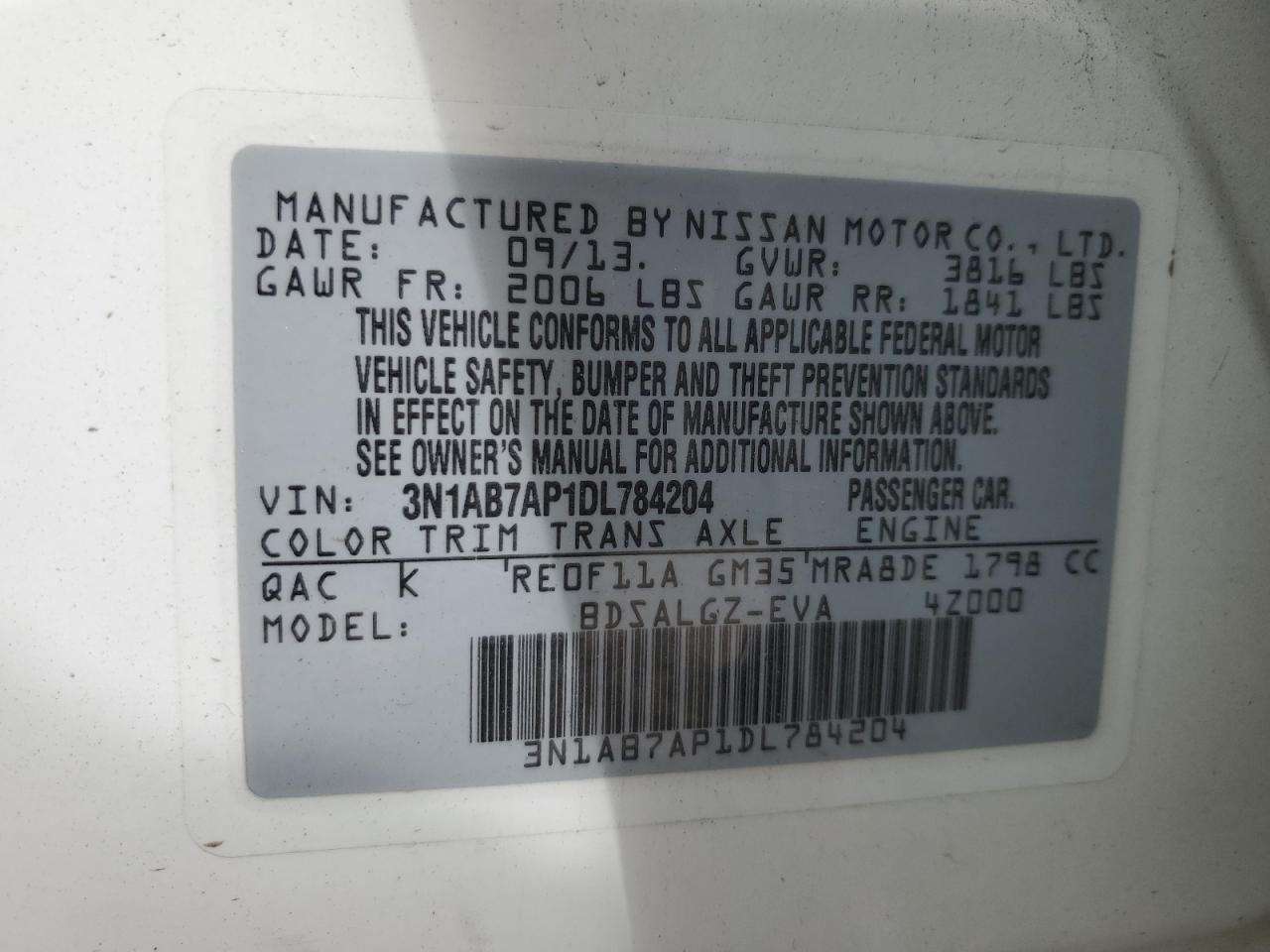2013 Nissan Sentra S VIN: 3N1AB7AP1DL784204 Lot: 80302275