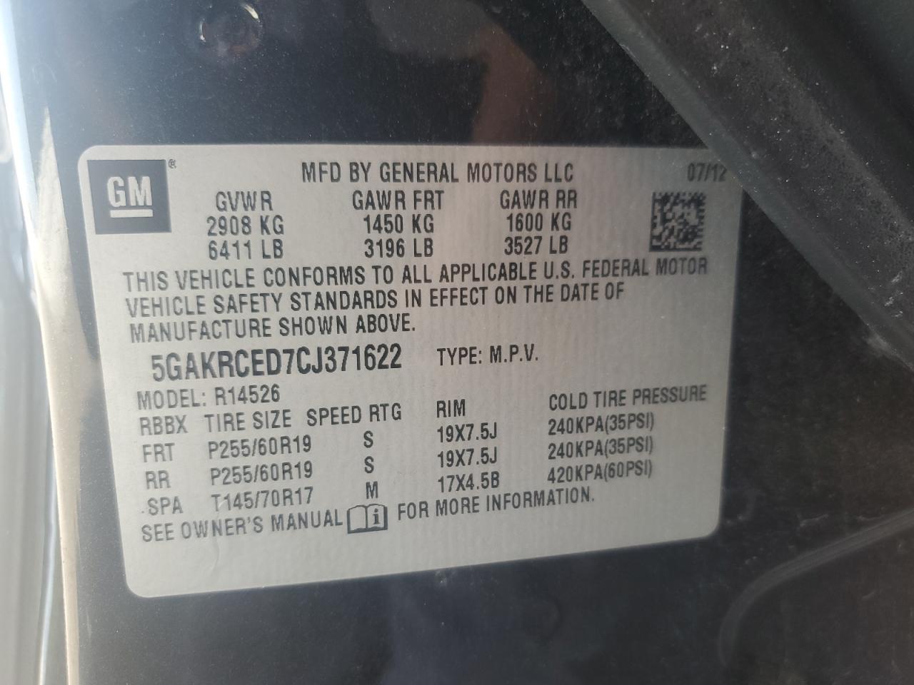 2012 Buick Enclave VIN: 5GAKRCED7CJ371622 Lot: 83932585