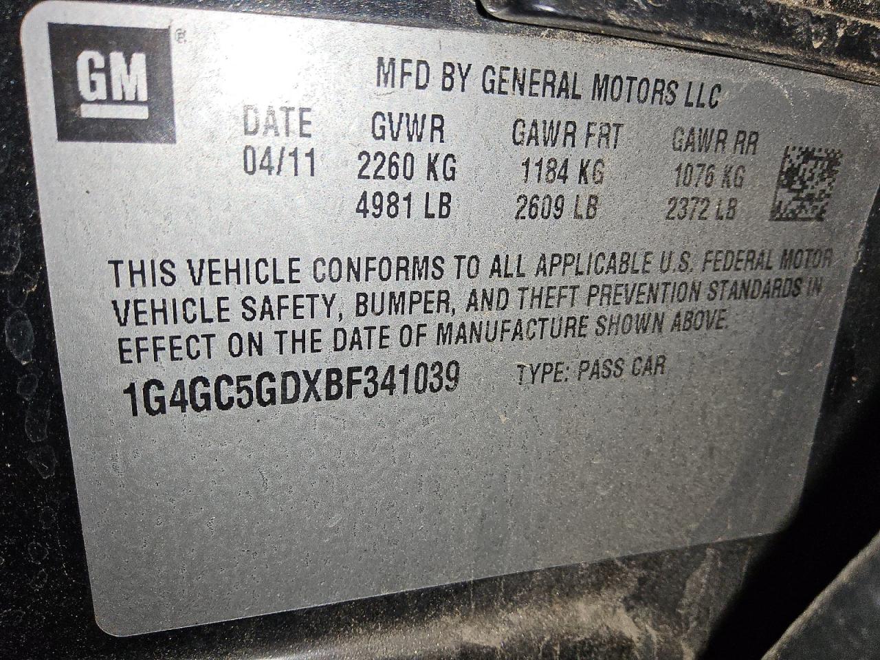 2011 Buick Lacrosse Cxl VIN: 1G4GC5GDXBF341039 Lot: 83839535