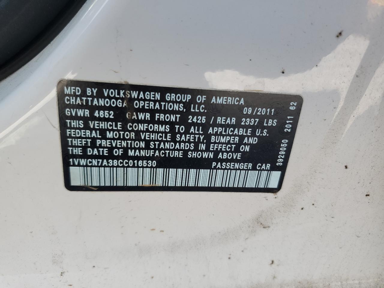 2012 Volkswagen Passat Sel VIN: 1VWCN7A38CC016530 Lot: 80809595