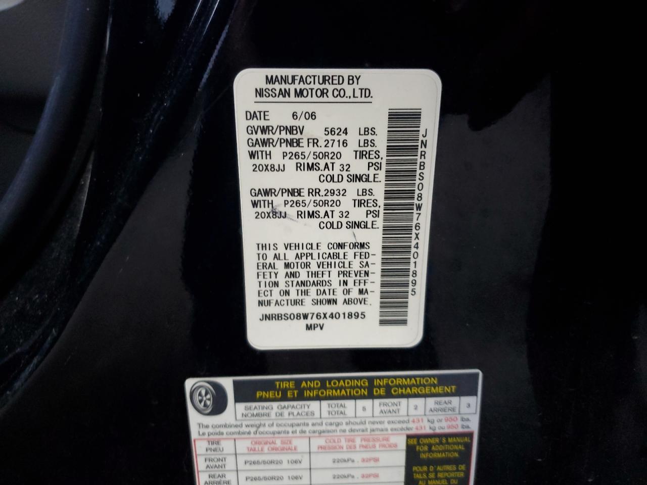 2006 Infiniti Fx45 VIN: JNRBS08W76X401895 Lot: 80666695