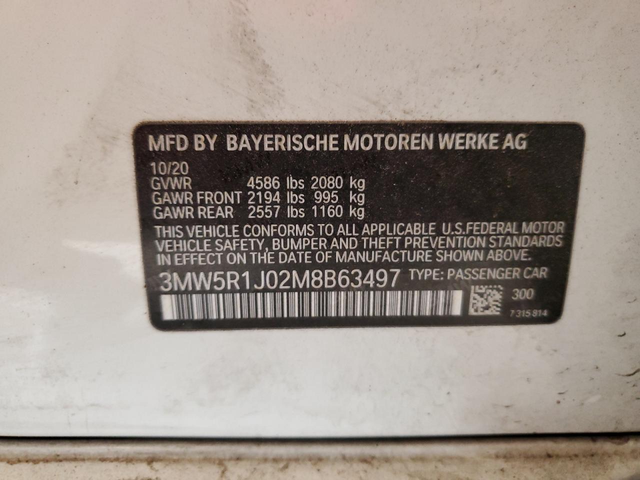 2021 BMW 330I VIN: 3MW5R1J02M8B63497 Lot: 70762705