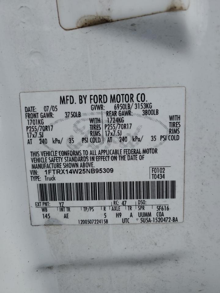 2005 Ford F150 VIN: 1FTRX14W25NB95309 Lot: 81667695
