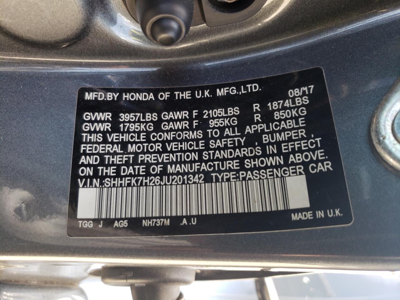2018 Honda Civic Lx VIN: SHHFK7H26JU201342 Lot: 80003535
