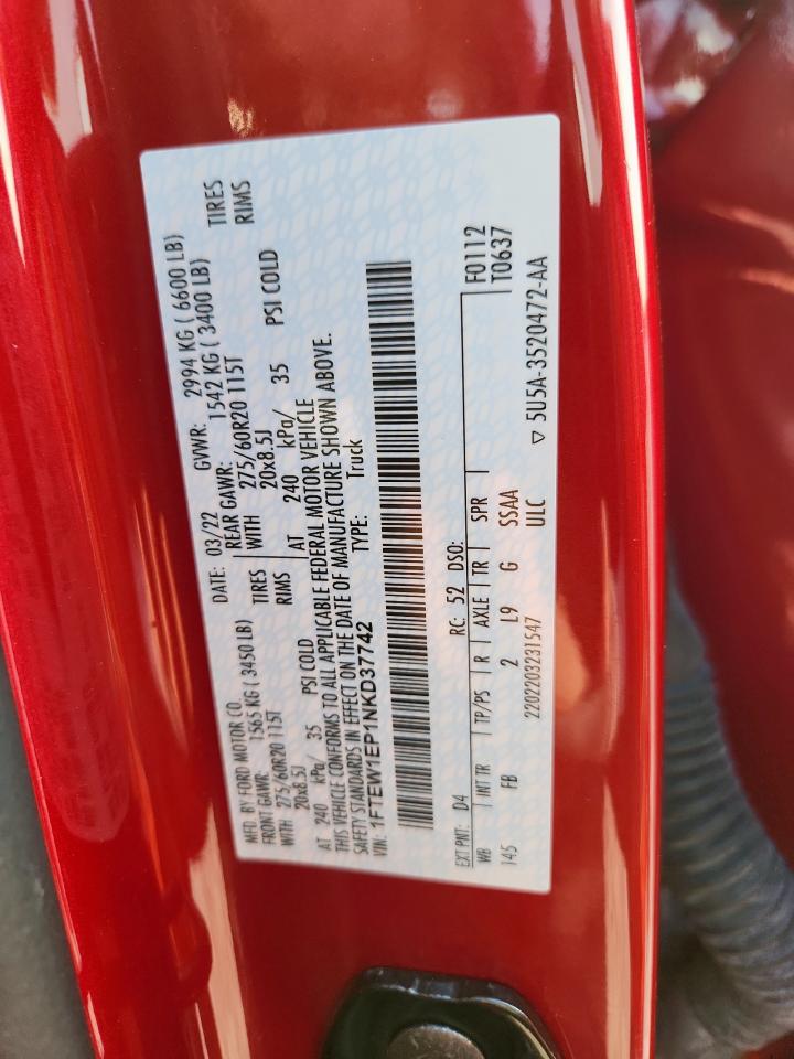 2022 Ford F150 Supercrew VIN: 1FTEW1EP1NKD37742 Lot: 80580385