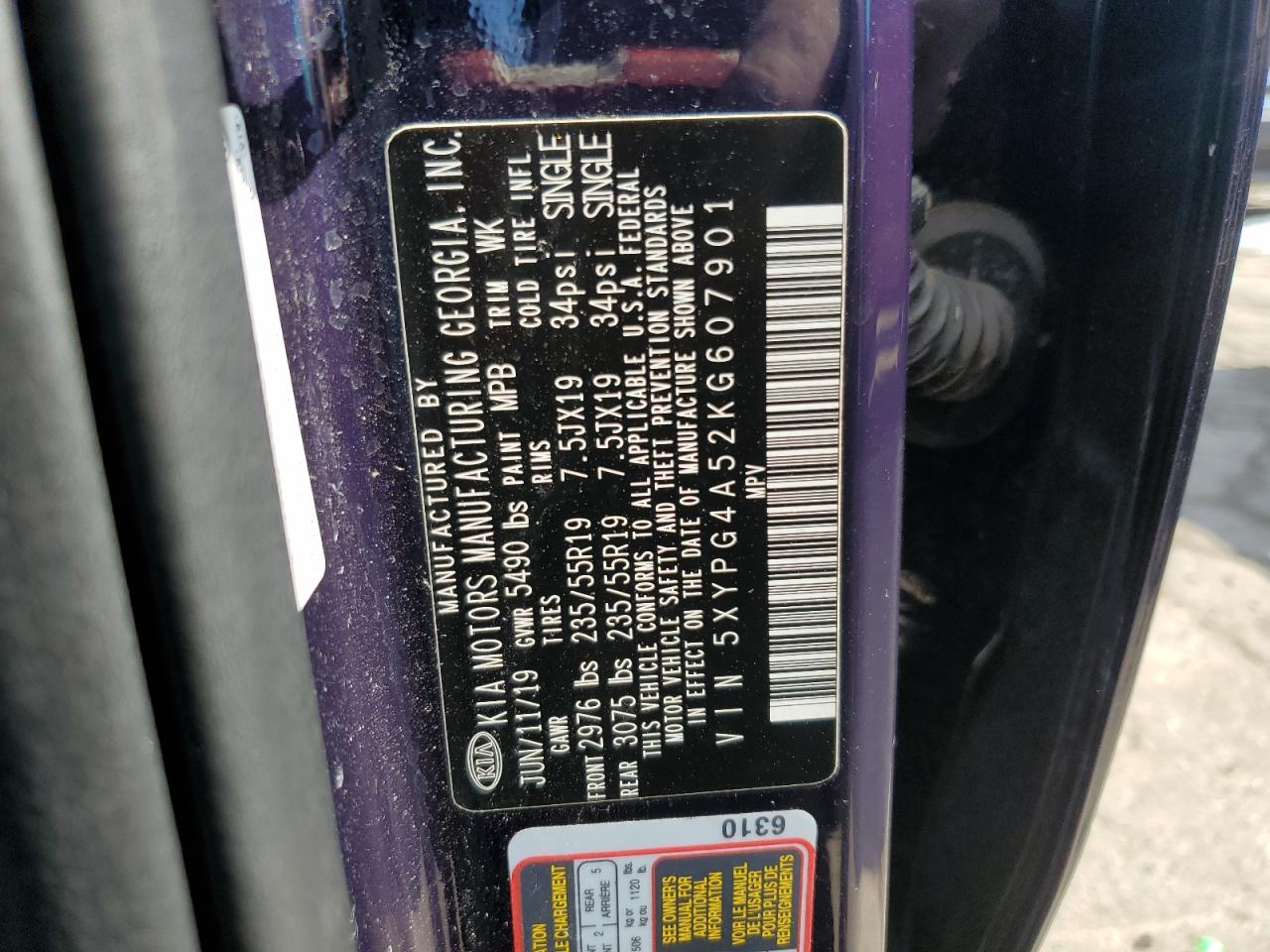 2019 Kia Sorento Lx VIN: 5XYPG4A52KG607901 Lot: 71881385