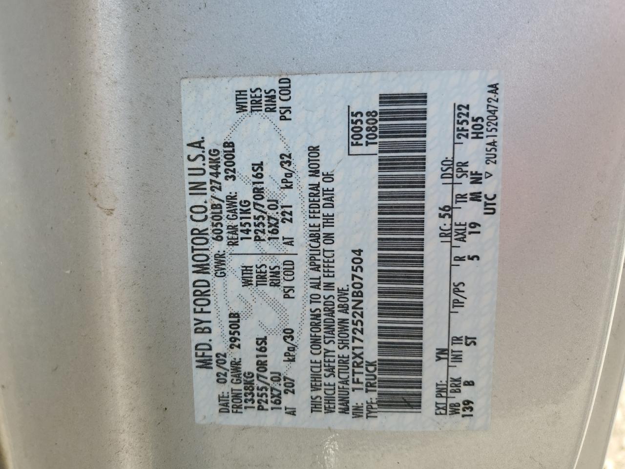 2002 Ford F150 VIN: 1FTRX17252NB07504 Lot: 80520035