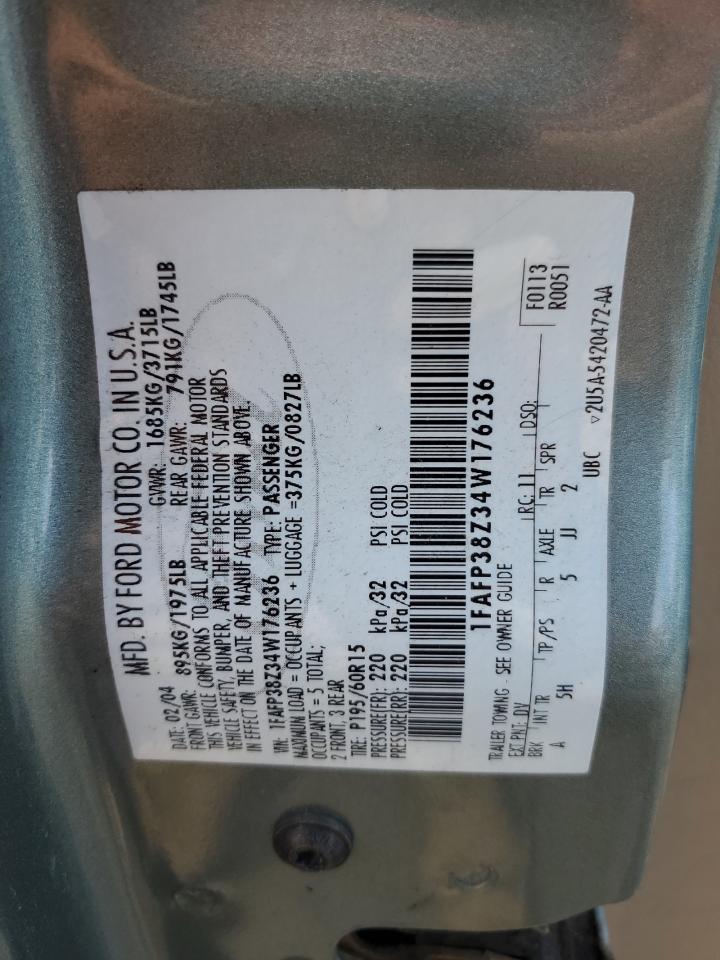 2004 Ford Focus Zts VIN: 1FAFP38Z34W176236 Lot: 80290705