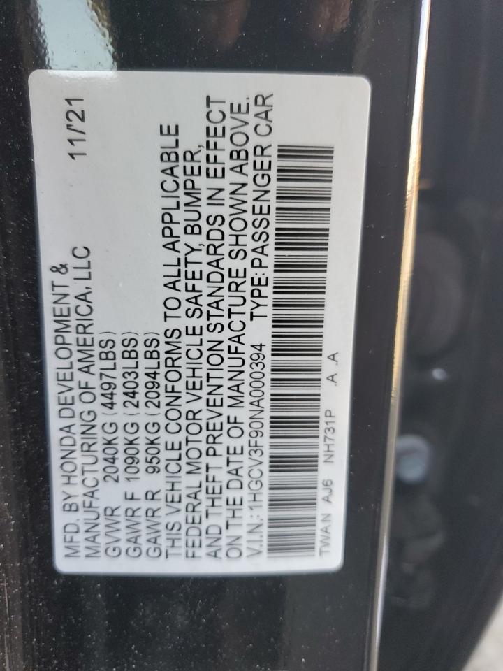 2022 Honda Accord Touring Hybrid VIN: 1HGCV3F90NA000394 Lot: 81646955