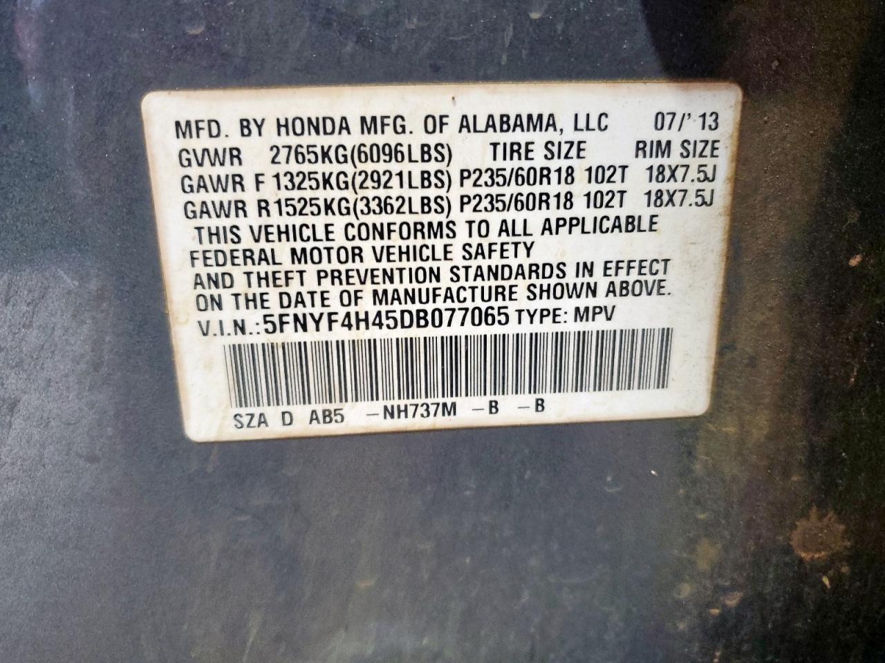 2013 Honda Pilot Ex VIN: 5FNYF4H45DB077065 Lot: 71815625