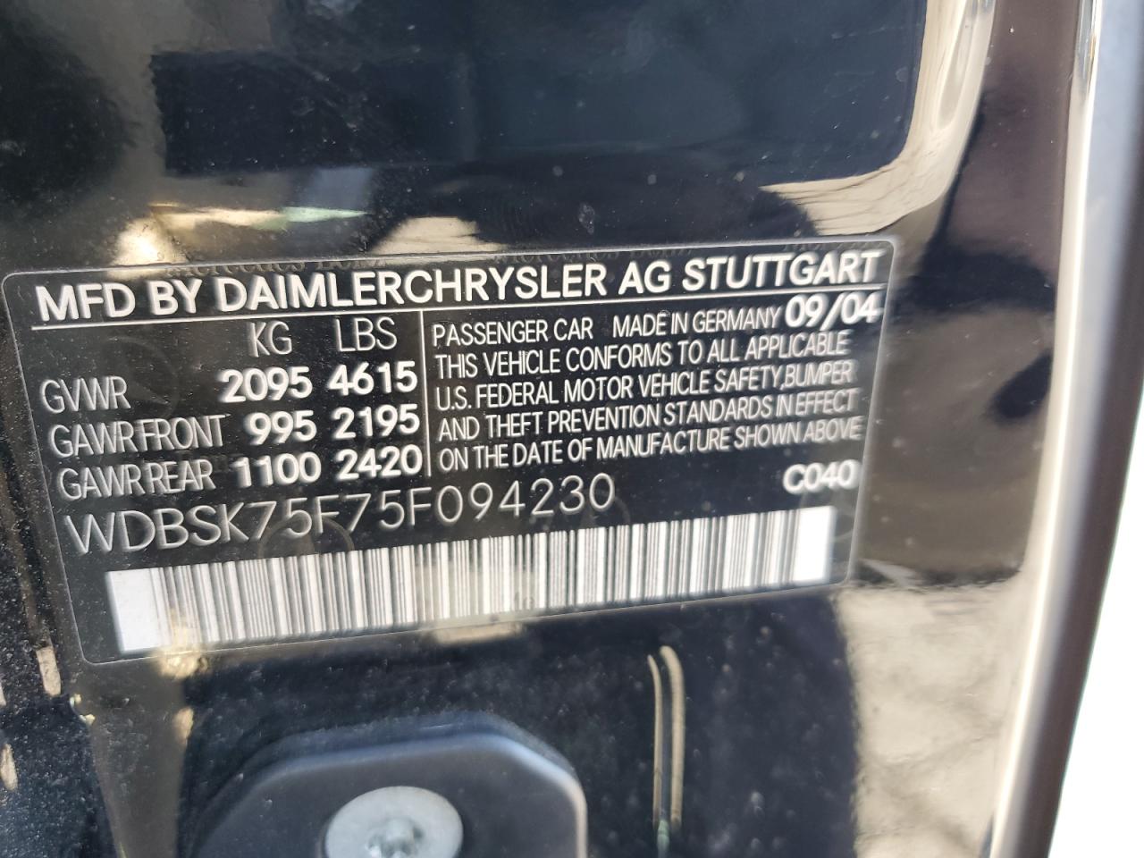 2005 Mercedes-Benz Sl 500 VIN: WDBSK75F75F094230 Lot: 80403445