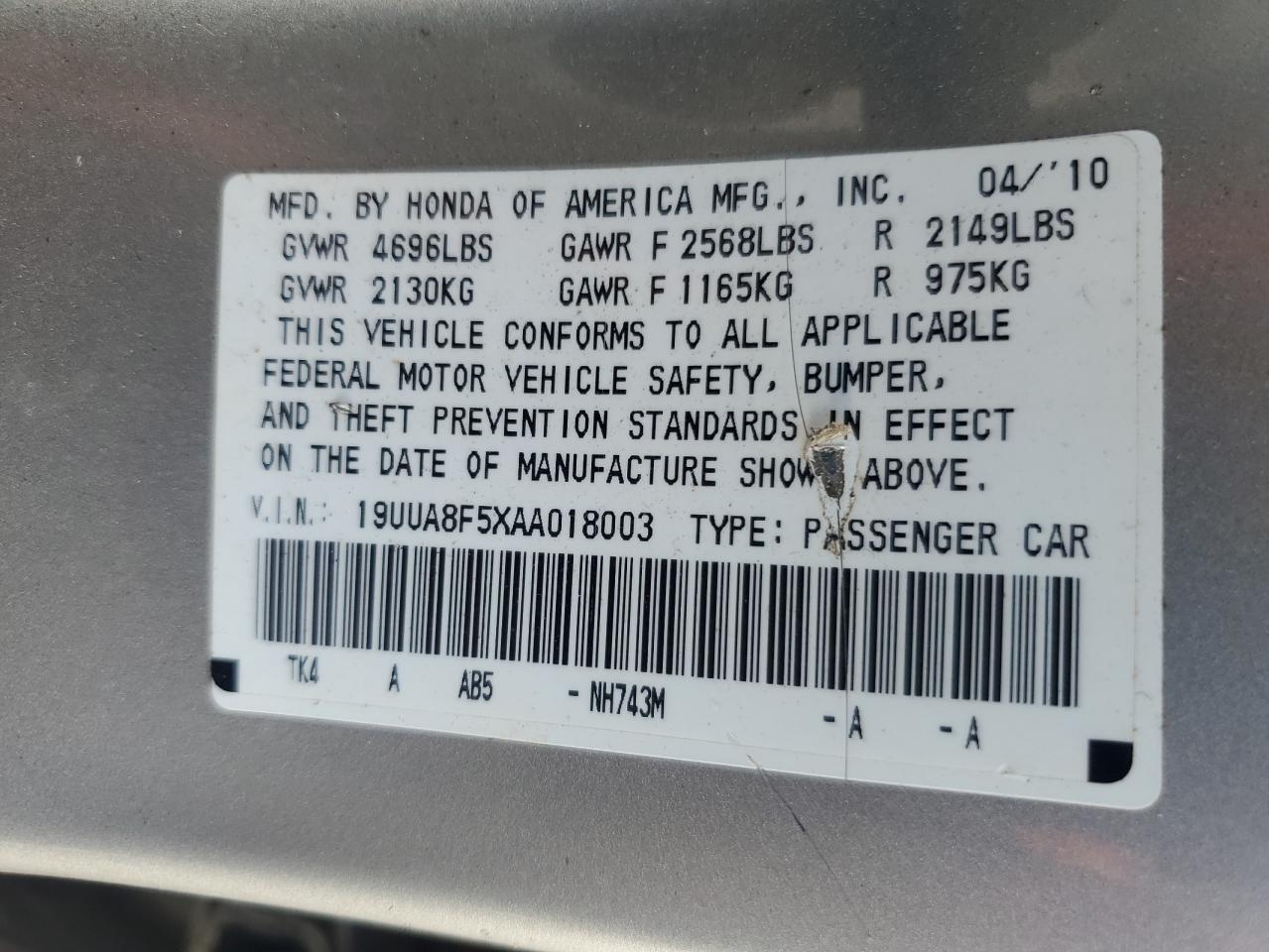 2010 Acura Tl VIN: 19UUA8F5XAA018003 Lot: 80687955