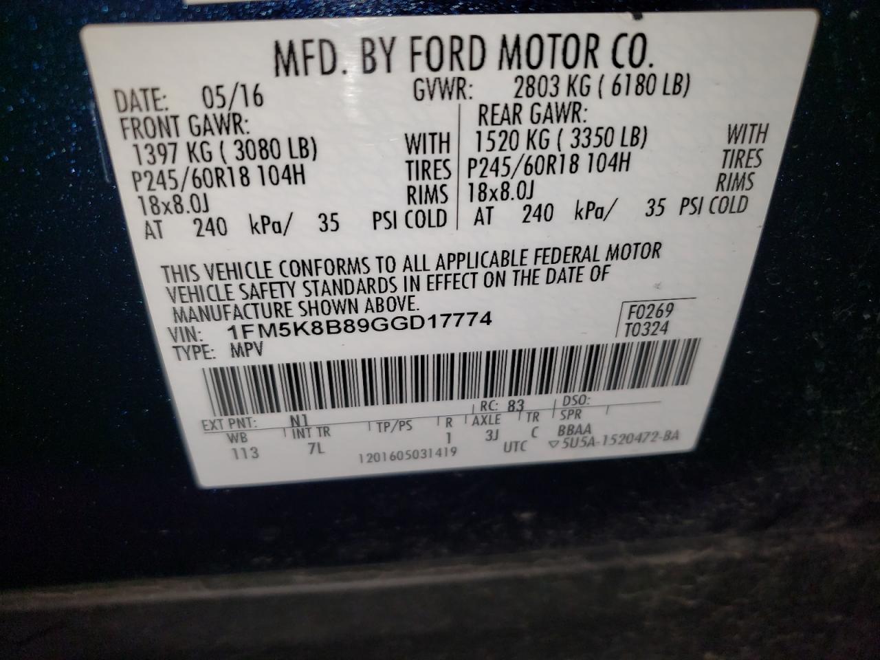 2016 Ford Explorer VIN: 1FM5K8B89GGD17774 Lot: 80514645