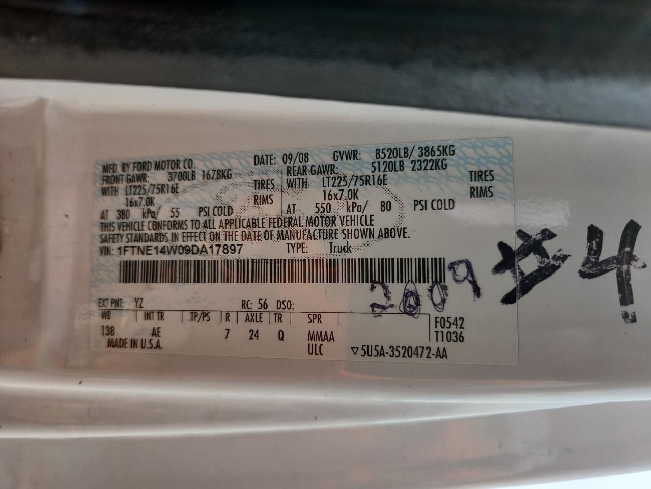 2009 Ford Econoline E150 Van VIN: 1FTNE14W09DA17897 Lot: 80556335