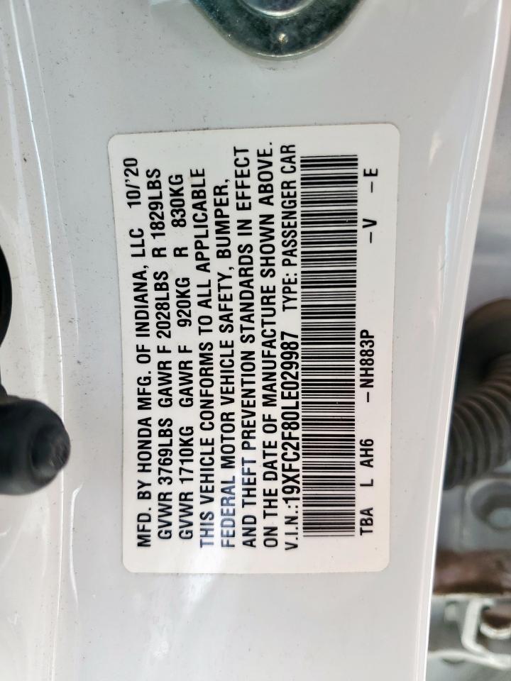 2020 Honda Civic Sport VIN: 19XFC2F80LE029987 Lot: 81632315