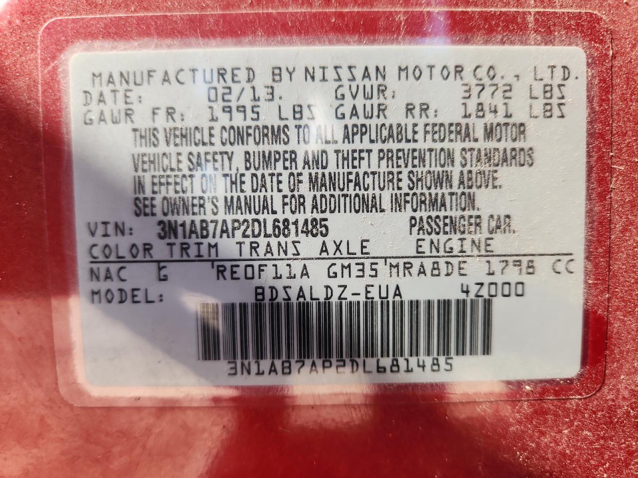 2013 Nissan Sentra S VIN: 3N1AB7AP2DL681485 Lot: 83888475