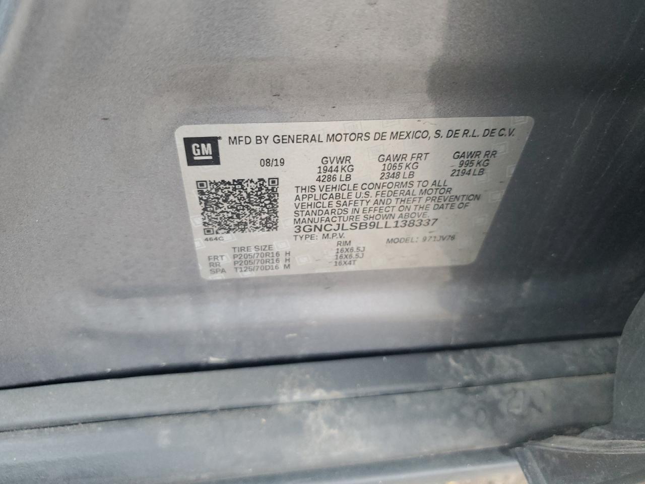 2020 Chevrolet Trax 1Lt VIN: 3GNCJLSB9LL138337 Lot: 81317105