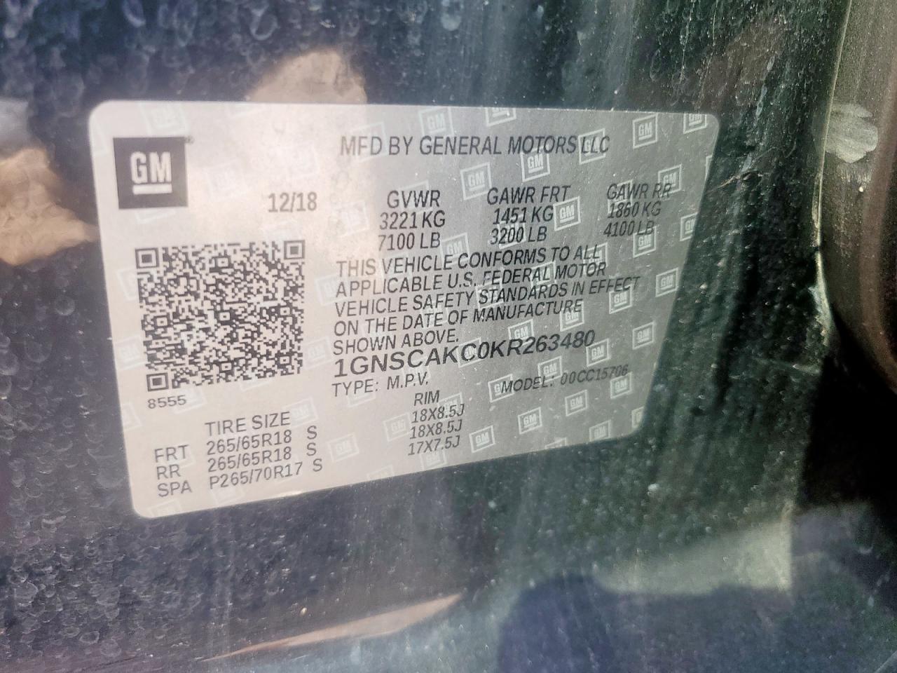 2019 Chevrolet Tahoe C1500 Ls VIN: 1GNSCAKC0KR263480 Lot: 71227445