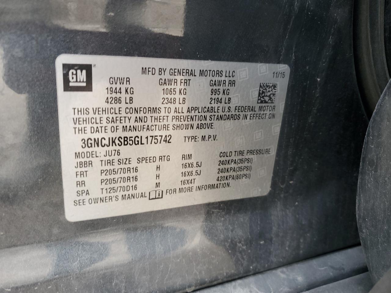 2016 Chevrolet Trax Ls VIN: 3GNCJKSB5GL175742 Lot: 70362265