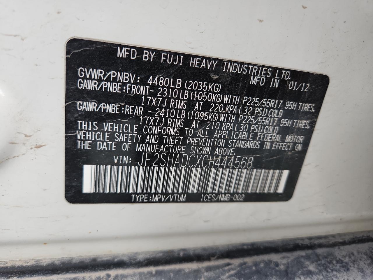 2012 Subaru Forester 2.5X Premium VIN: JF2SHADCXCH444568 Lot: 84051675